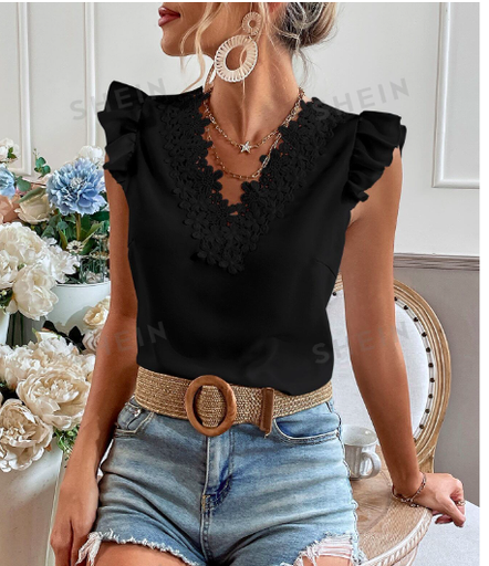 [BLU-SHE-MC-NEG-XL] Blusa de Encaje con Manga Casquillo SHEIN