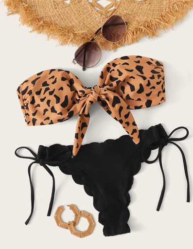 [TB-BIK-EST-LEO-SHE-NEG-M] Traje de Baño Bikini Estampado Leopardo con Nudo delantero SHEIN
