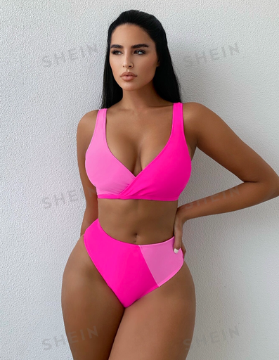 [TB-BIK-BI-SHE-FUC-M] Traje de Baño Bikini Talle Alto Bicolor SHEIN