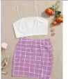 [sS2012090091988211] Conjunto Top y Falda de Cuadros SHEIN